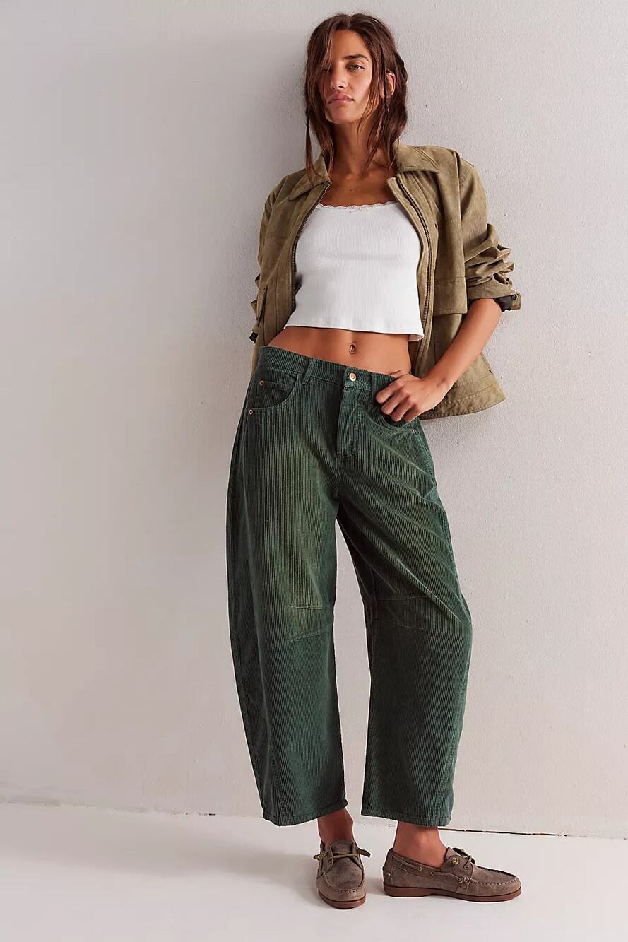 We The Free Good Luck Barrel Corduroy Ankle Jeans Cypress Green Womens's Size XS
